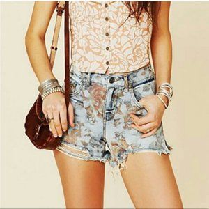 Free People Denim Floral Patterned Shorts